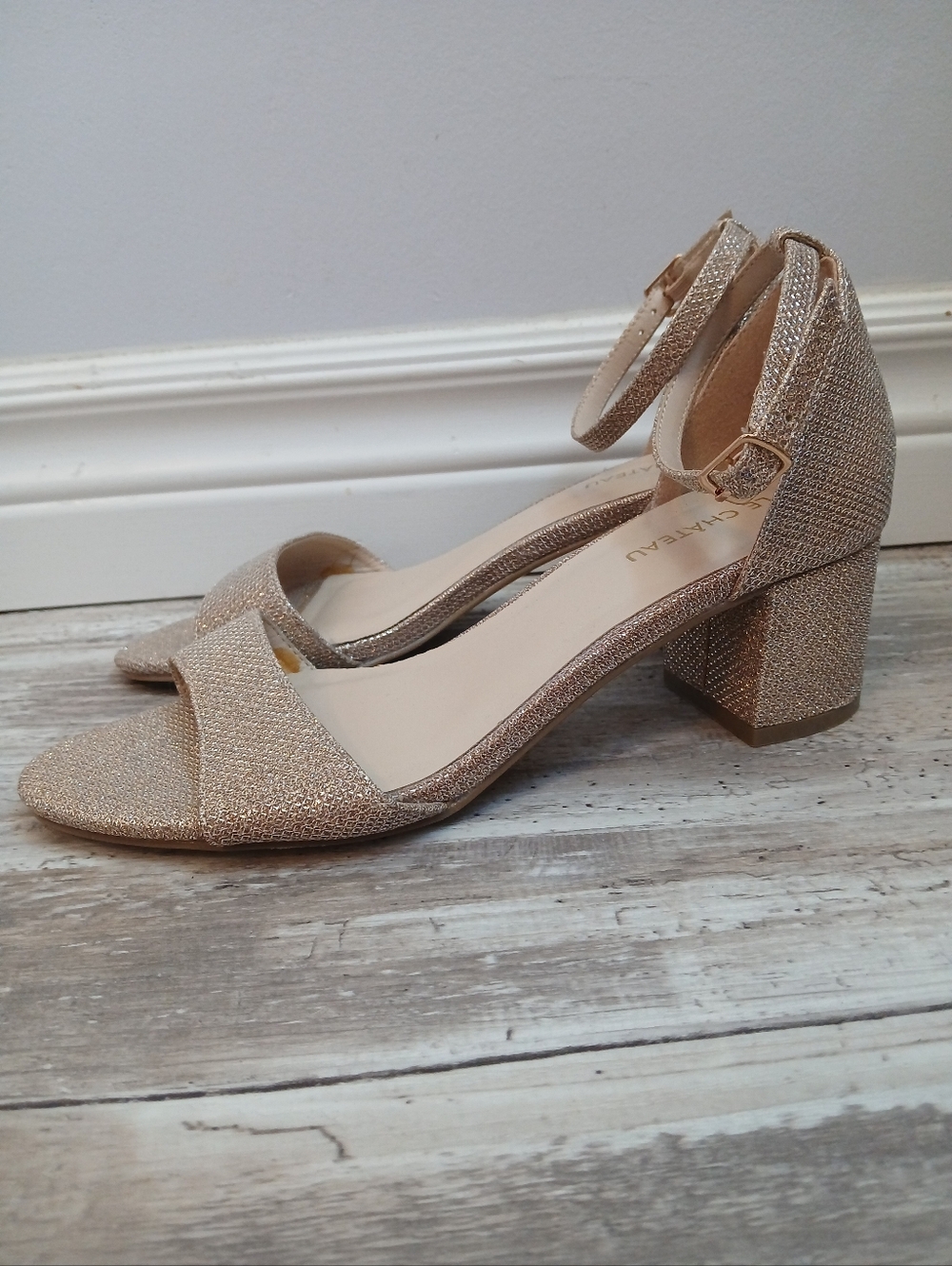 Le Château Sparkly Champagne Gold Heels Size 38 (US 7.5) Block Heel